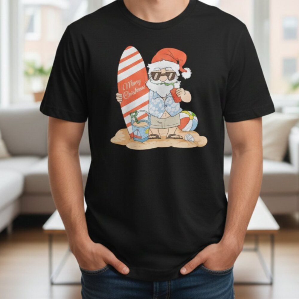 Surfing Santa Merry Christmas Black T-Shirt Large, Beach Holiday, Bella + Canvas